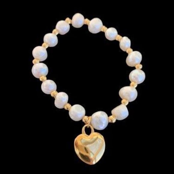 Real Pearl & Gold Heart Stretch Bracelet - Celebrating Unique Beauty NEW - Picture 1 of 11